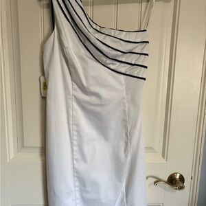 B Darlin One Shoulder Dress in White with Black Accents